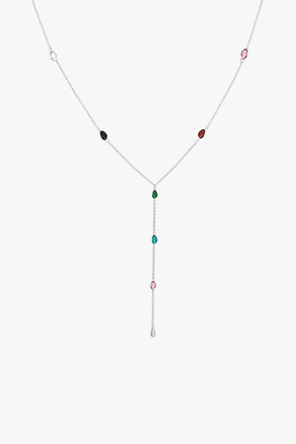 White gold y-shaped lariat necklace with small multicolored rhombus gemstones on a white background.
