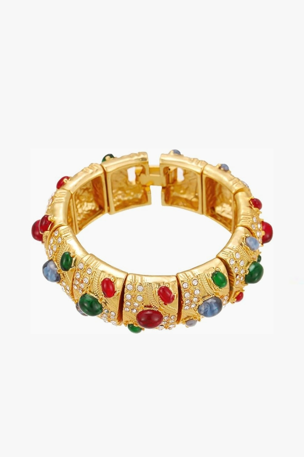 Yellow gold bracelet with multicolor colorful gemstones and crystals on a white background, vintage style.