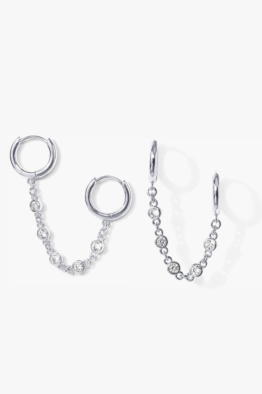 Alexa white gold double huggie earrings with bezel stone chain.