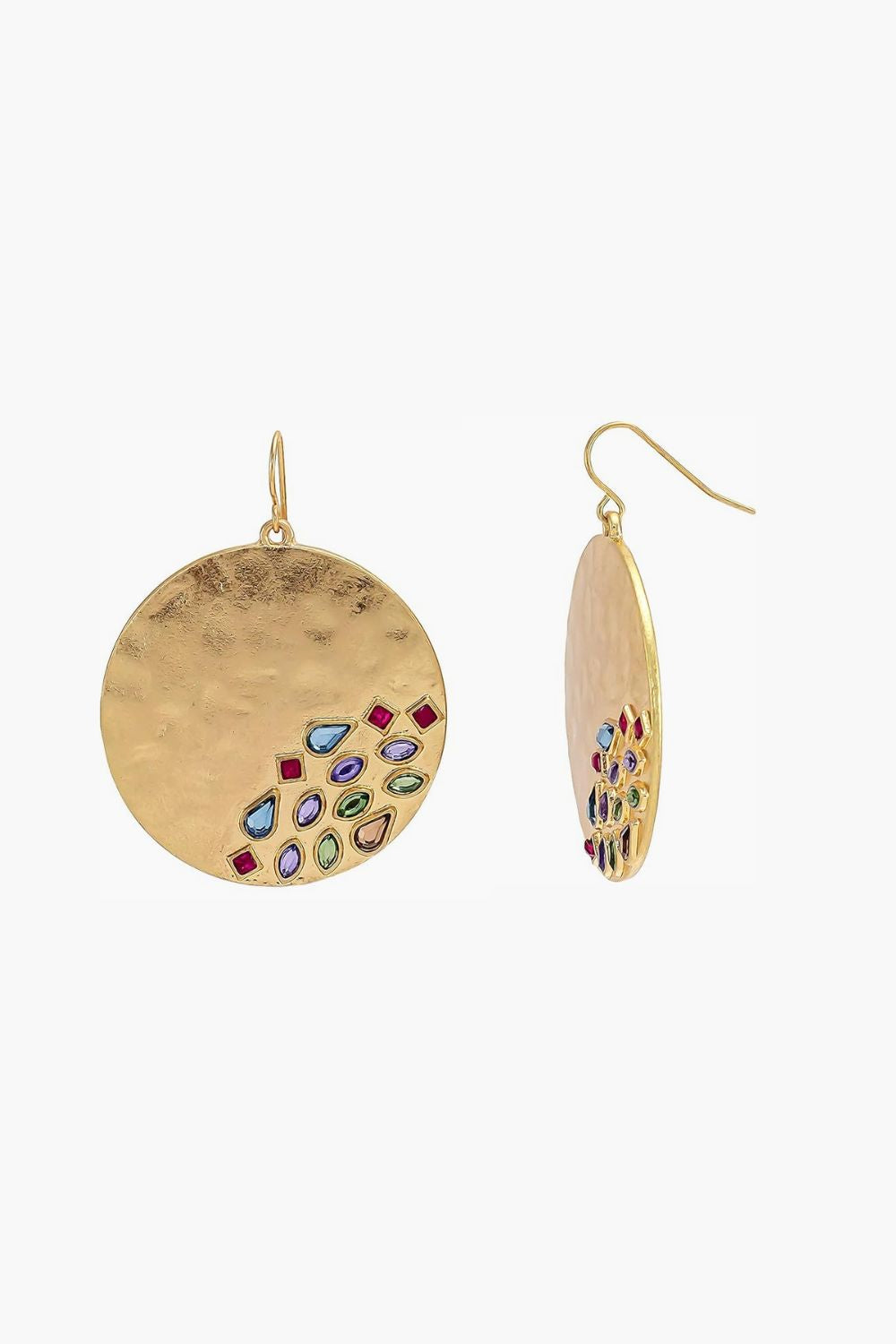 Yellow gold round drop earrings with colorful gemstones on a white background