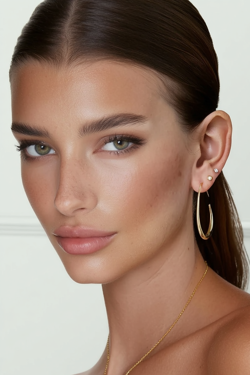 Model wearing the Celia Earring – 14k white gold-plated fluid teardrop pull-through earrings with sculptural curves, 40mm drop.