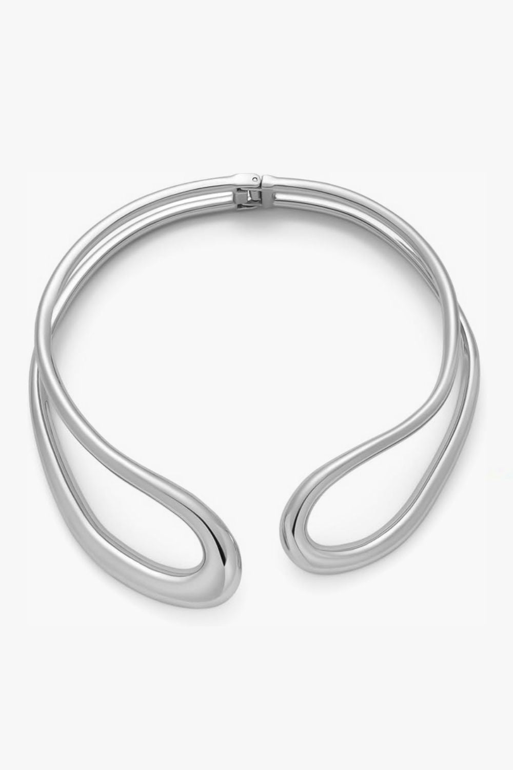 white gold sculptural abstract neckpiece, open-collar on a white background