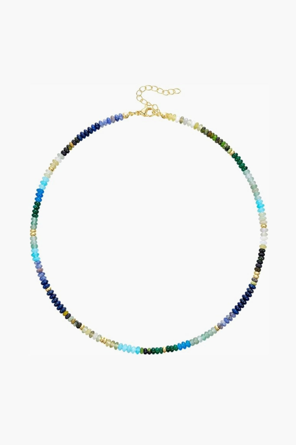 Dahlia Necklace – slim gold-plated necklace with multi-colored gemstone beads in deep blue, green, and aqua tones
