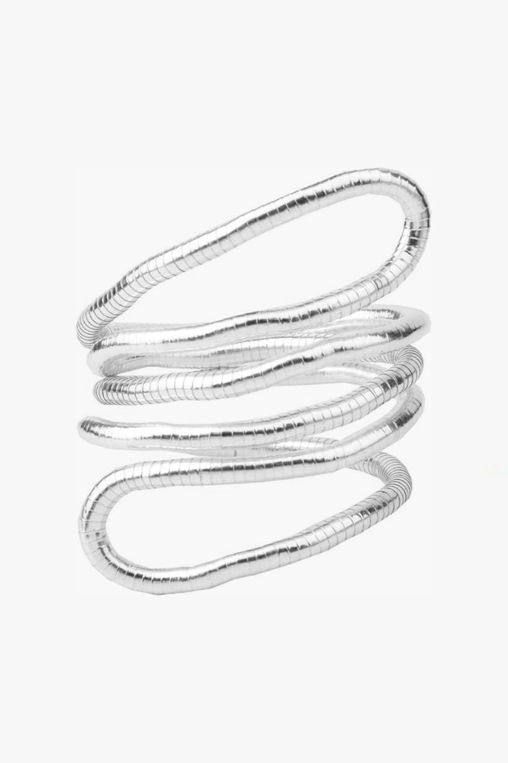 White gold spiral adjustable necklace and bracelet on a white background