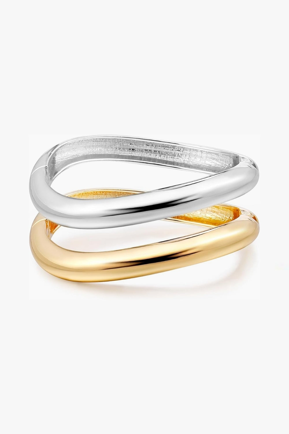 Lila Bracelet, double-band two tone 14k yellow gold and white gold sculptural cuff, on white background