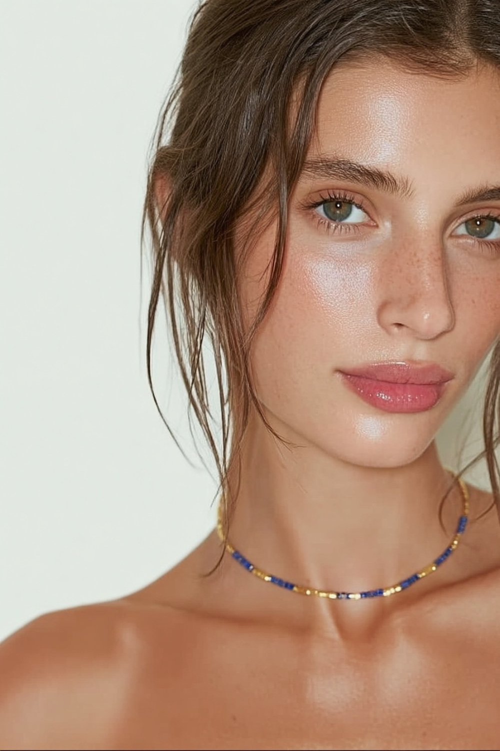 Model wearing the Lucia Necklace Deep End – slim gold-plated necklace with deep navy and ocean-blue gemstone beads