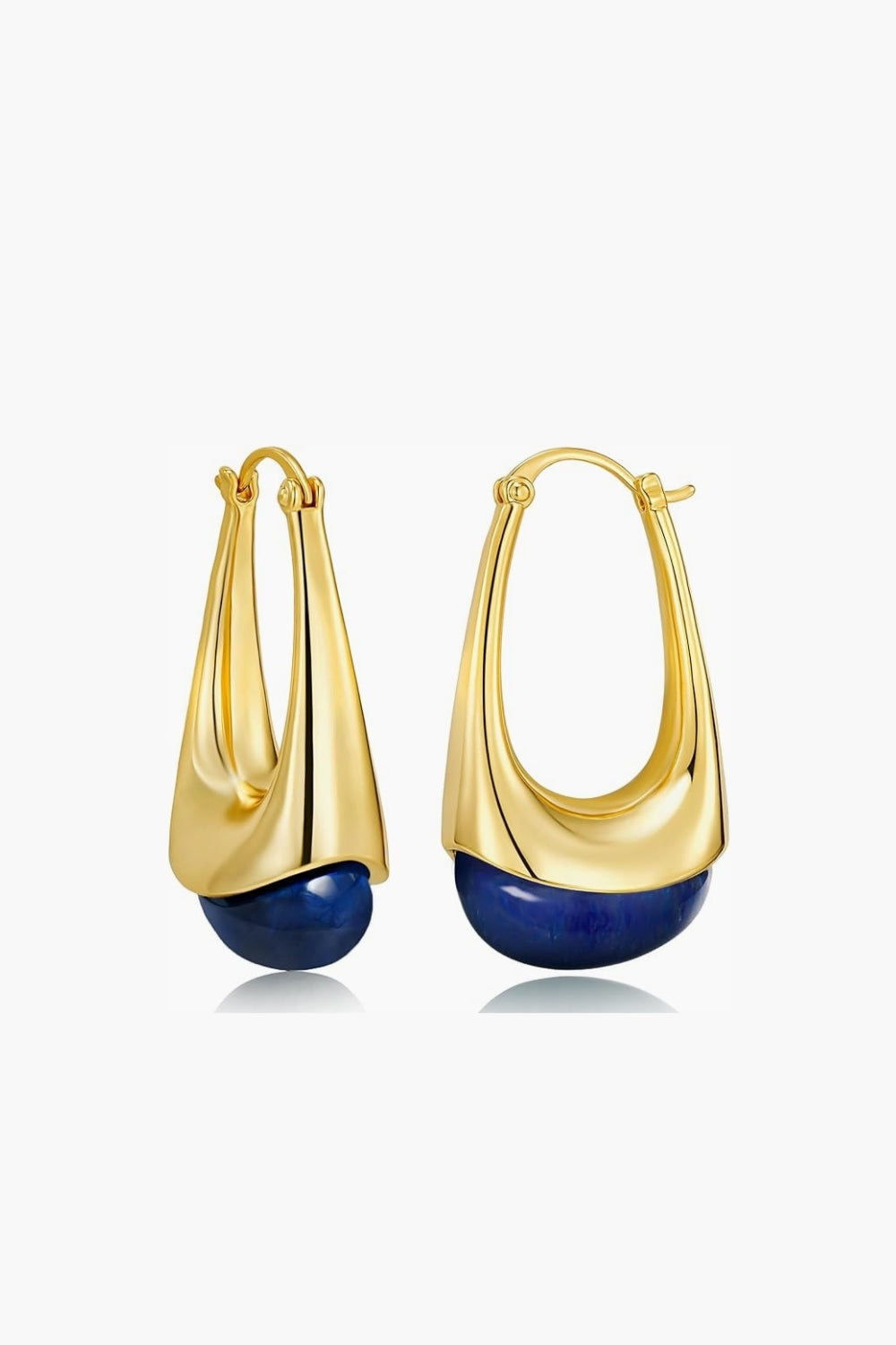 Yellow gold hoop earrings with royal blue stones accent on a white background.
