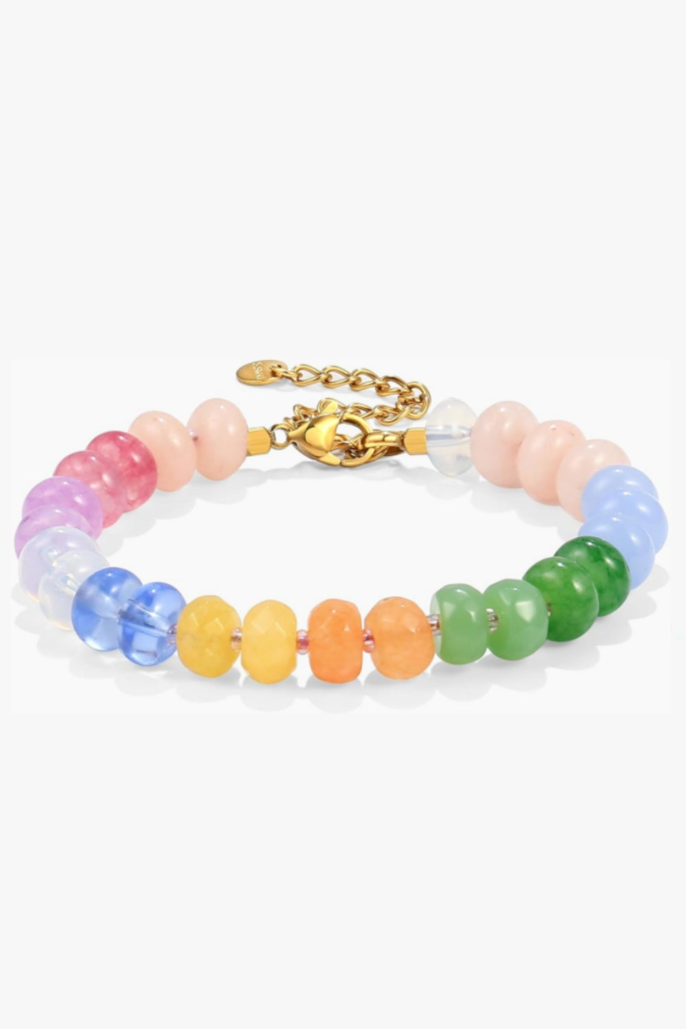 Marina Bracelet – 14k yellow gold-plated chunky beaded bracelet with high-gloss natural stone beads in mint green, pastel blue, and soft yellow tones, on white background.