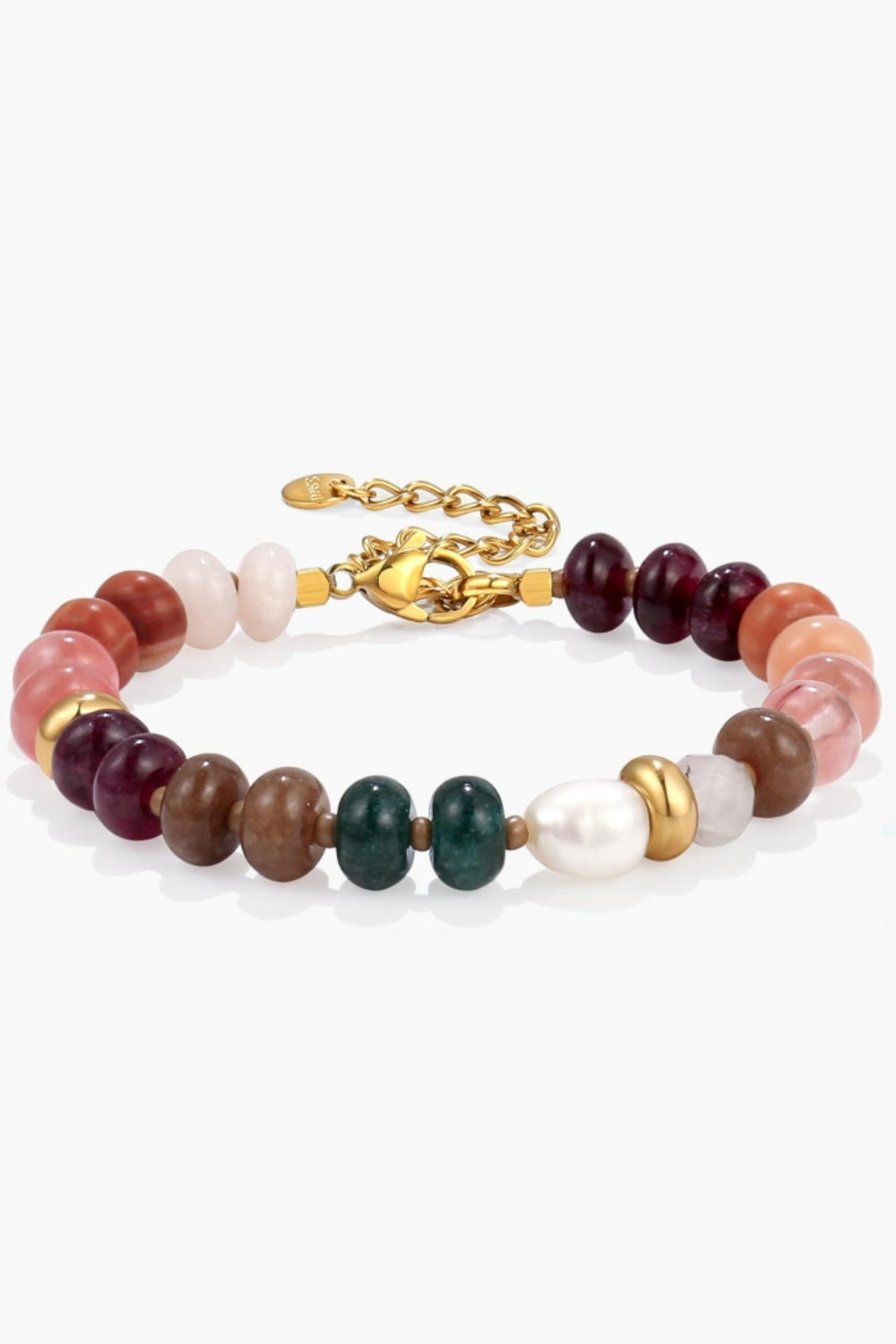 Marina Bracelet – 14k yellow gold-plated chunky beaded bracelet with high-gloss natural stone beads in deep plum, amber, and pink tones, on white background.