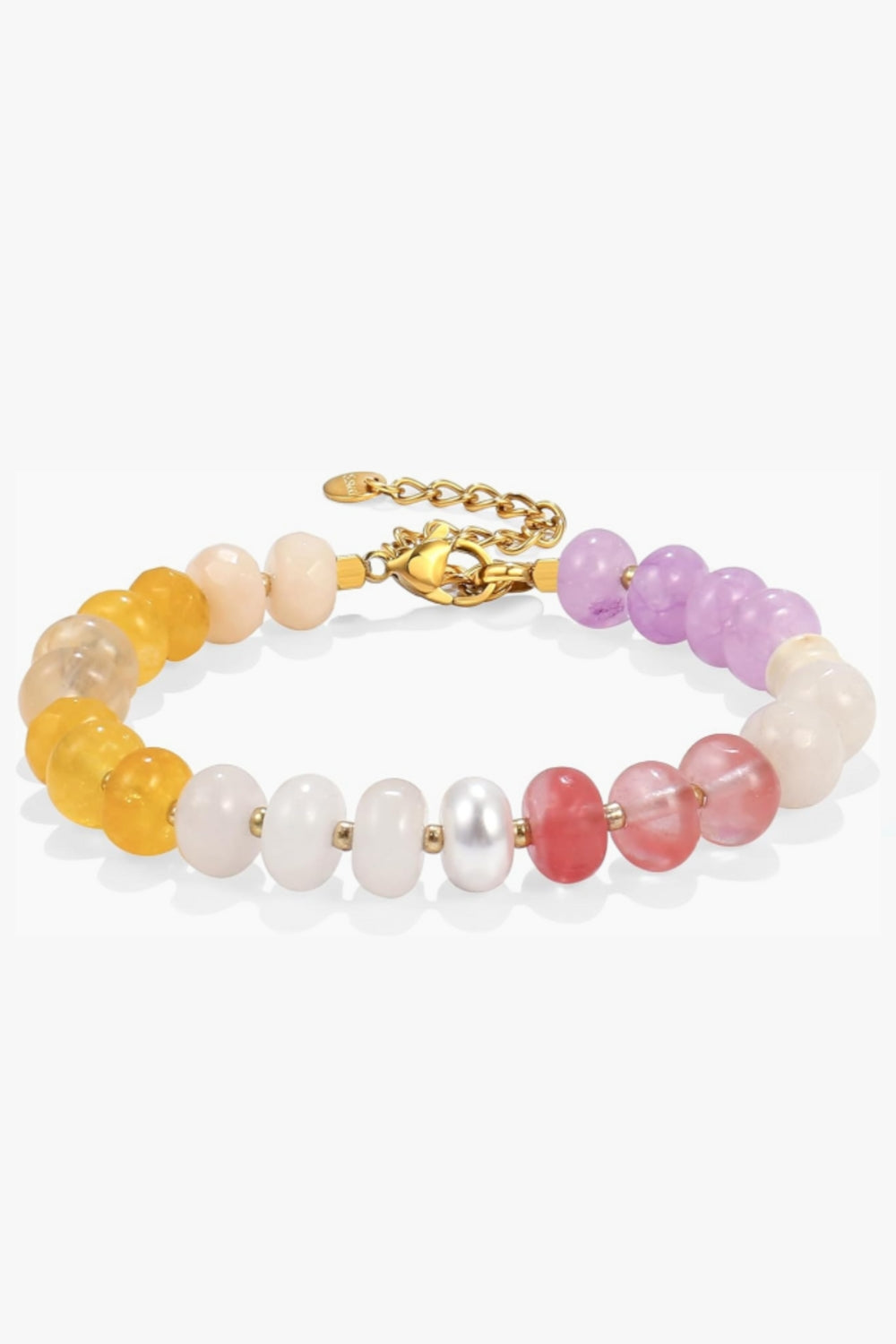 Marina Bracelet – 14k yellow gold-plated chunky beaded bracelet with high-gloss natural stone beads in soft yellow, pale pink, and warm neutral tones, on white background.