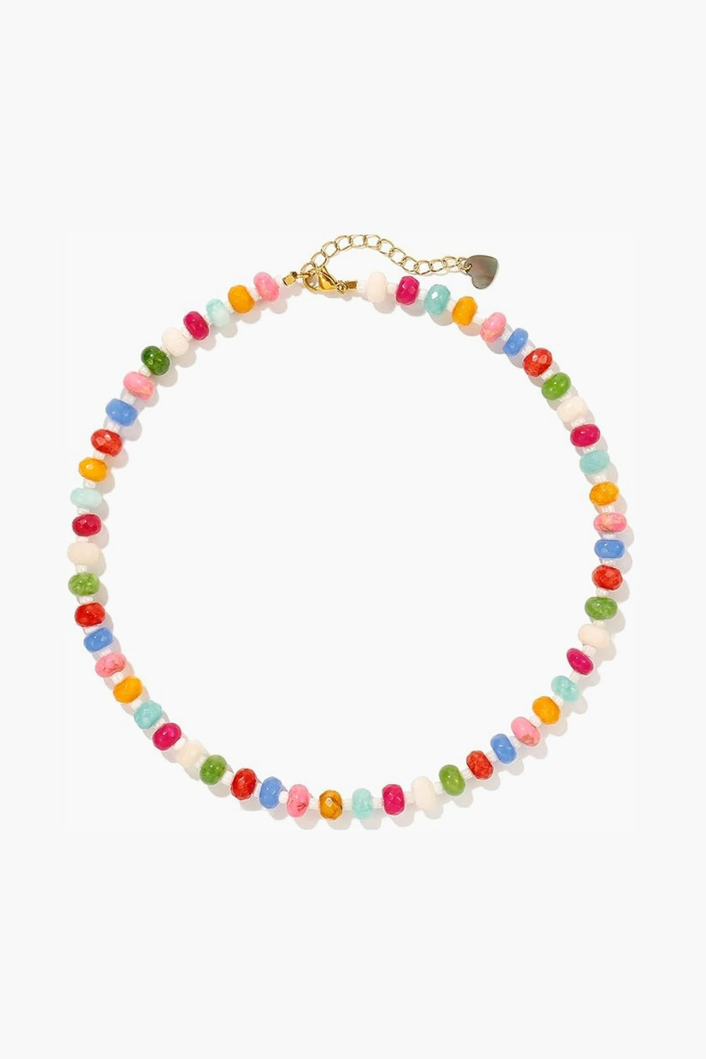 Marina Necklace – 14k yellow gold-plated chunky beaded necklace with high-gloss natural stone beads in mixed pink, coral, and warm neutral tones, on white background.