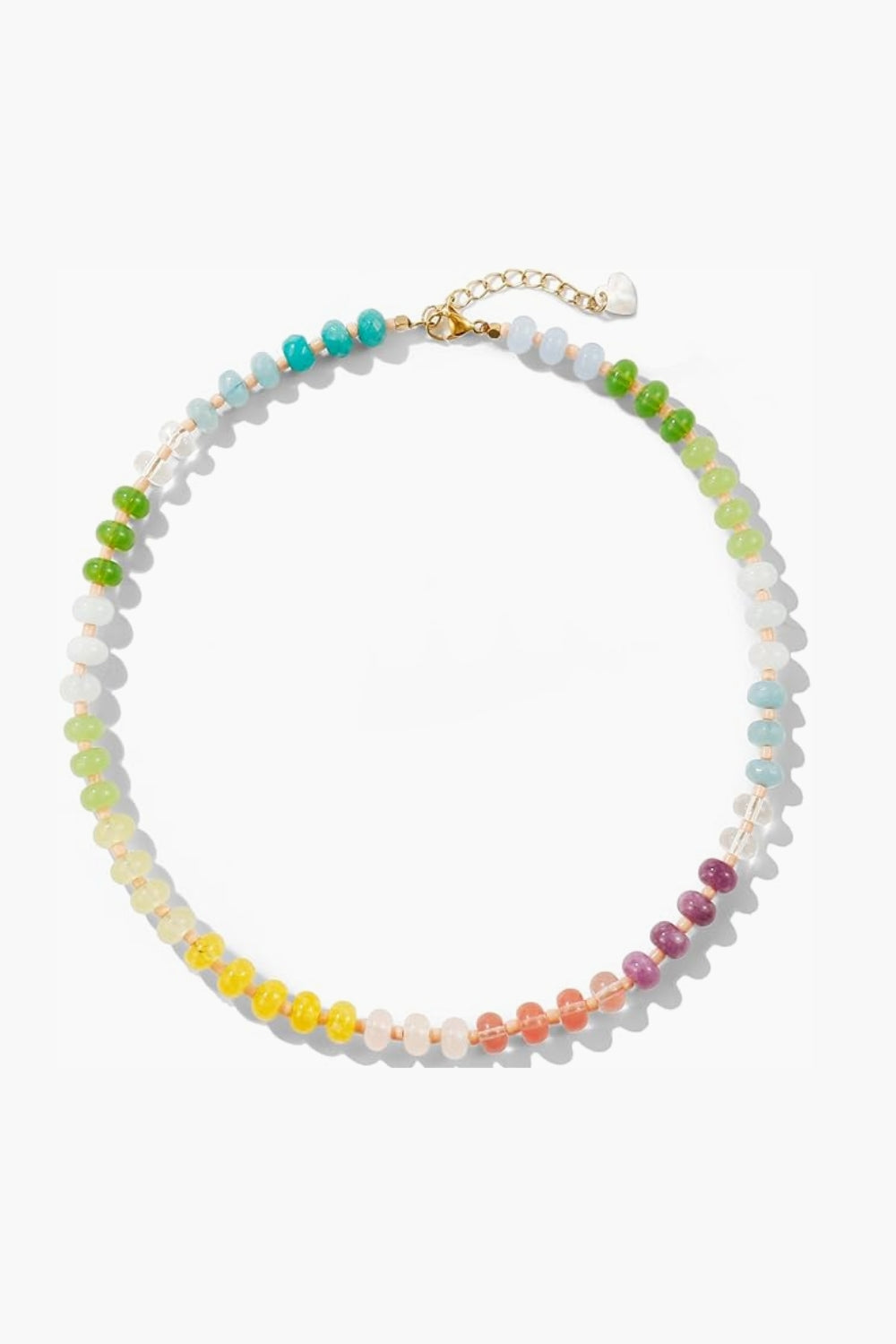 Marina Necklace – 14k yellow gold-plated chunky beaded necklace with high-gloss natural stone beads in ivory, blush pink, and soft gold tones, on white background.