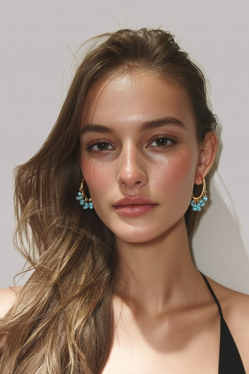 Model wearing the Solé Earrings – 14k yellow gold-plated hoop earrings with natural turquoise chip beads.