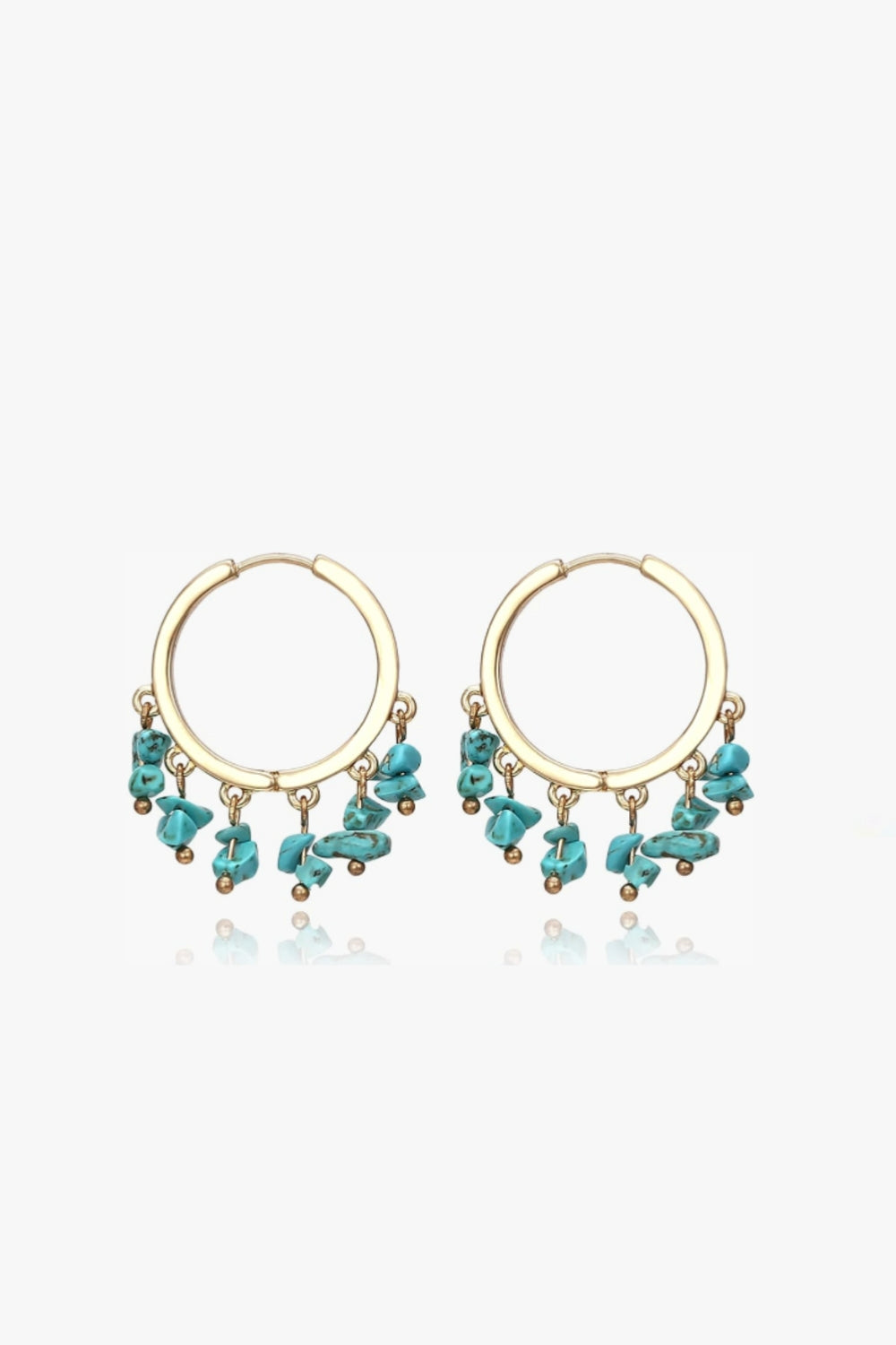 Solé Earrings – 14k yellow gold-plated hoop earrings with natural turquoise chip beads, on white background.