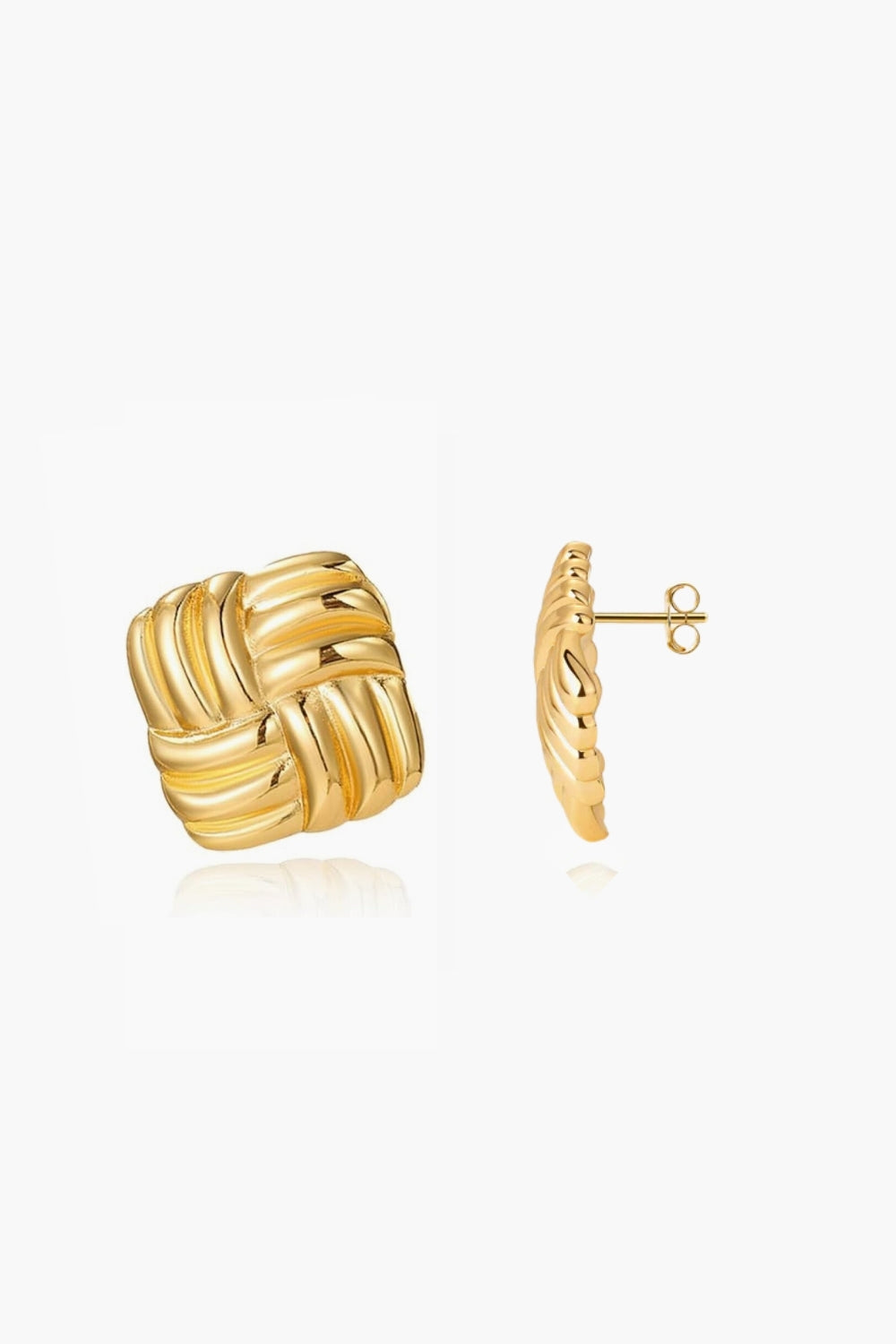 Yellow gold woven earrings on a white background, vintage style.