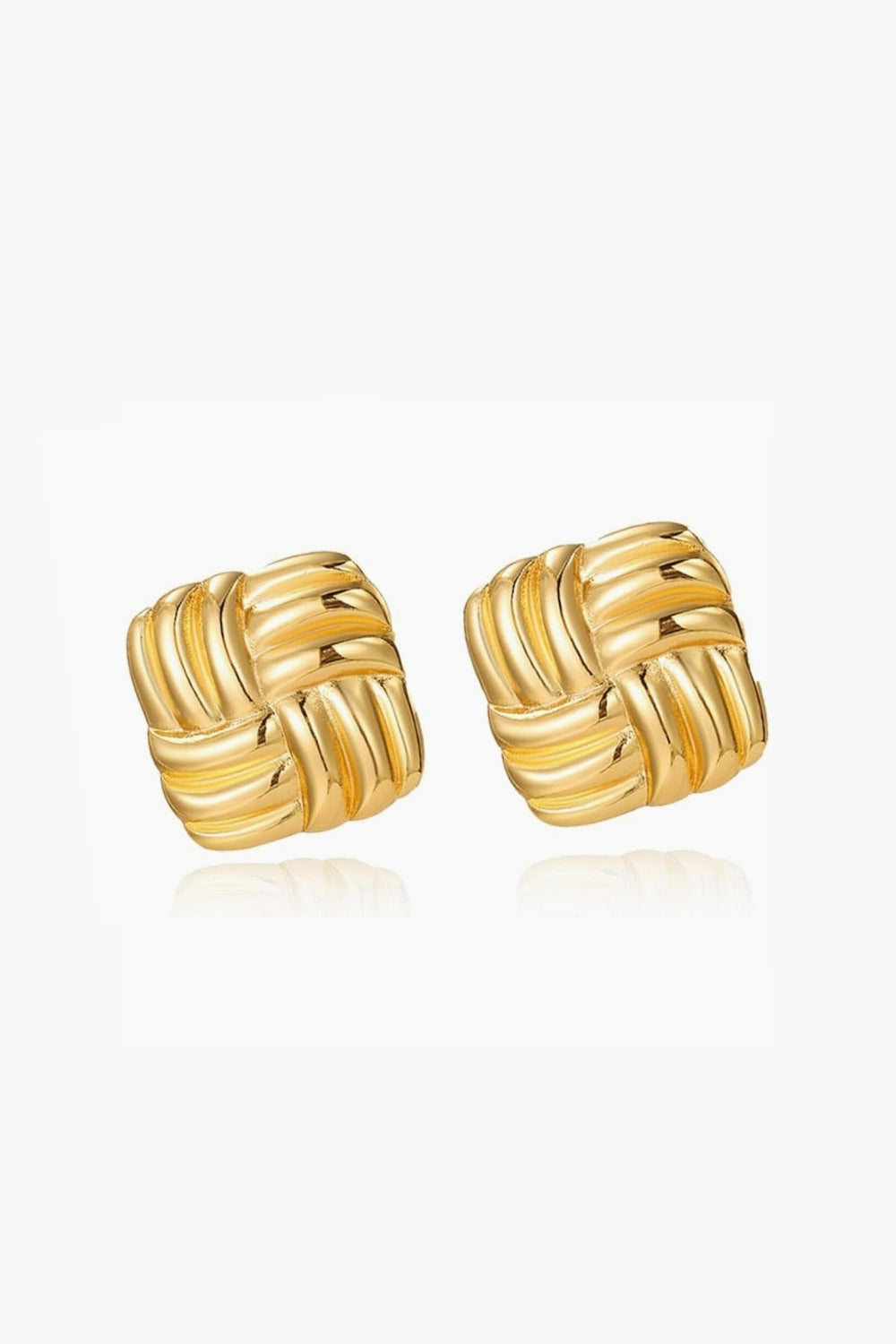 Yellow gold woven earrings on a white background, vintage style.