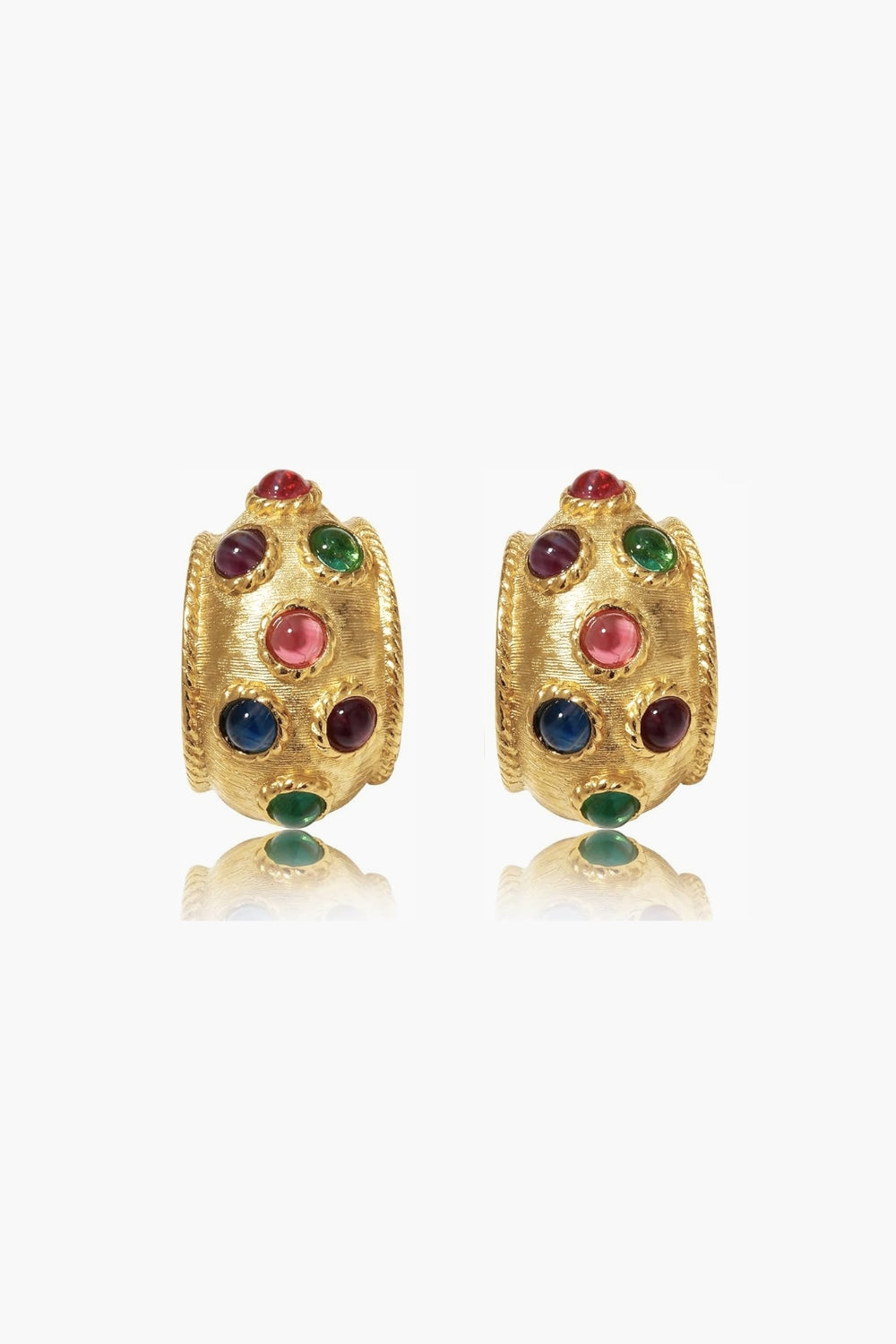 Yellow gold earrings with multicolor colorful gemstones on a white background, vintage style.