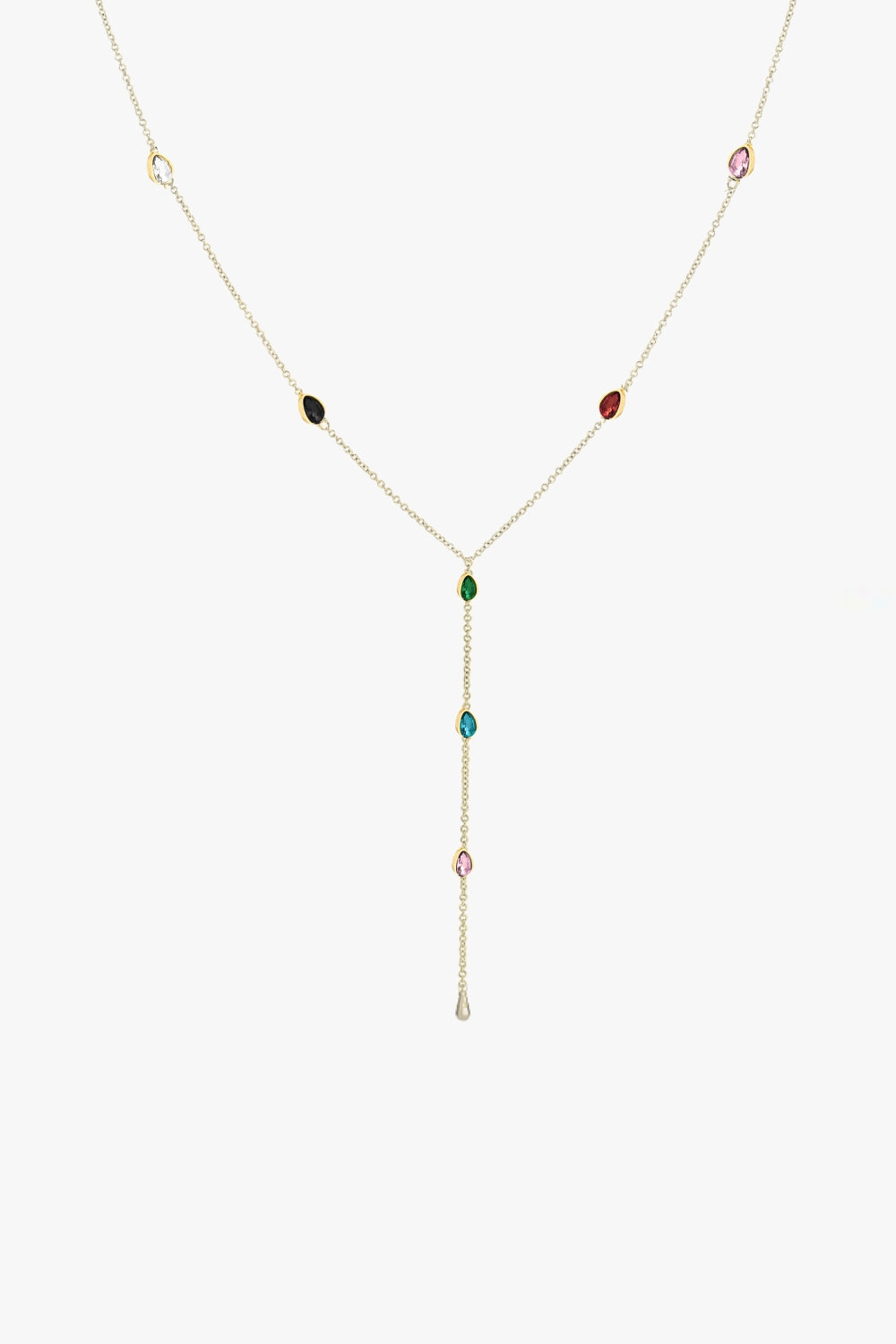 Yellow gold y-shaped lariat necklace with small multicolored rhombus gemstones on a white background.