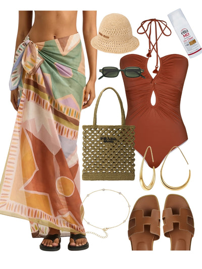 Collection of beachwear and accessories including a swimsuit, sarong, hat, bag, and shoes. Up My Alley Boho Chic Styling.