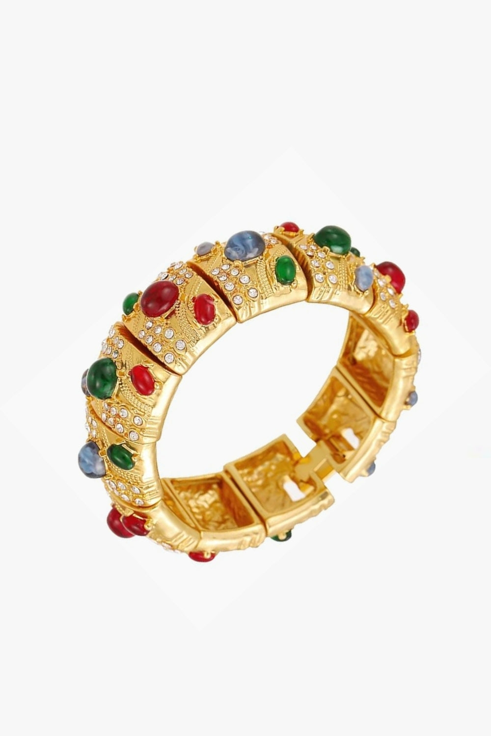 Yellow gold bracelet with multicolor colorful gemstones and crystals on a white background, vintage style.