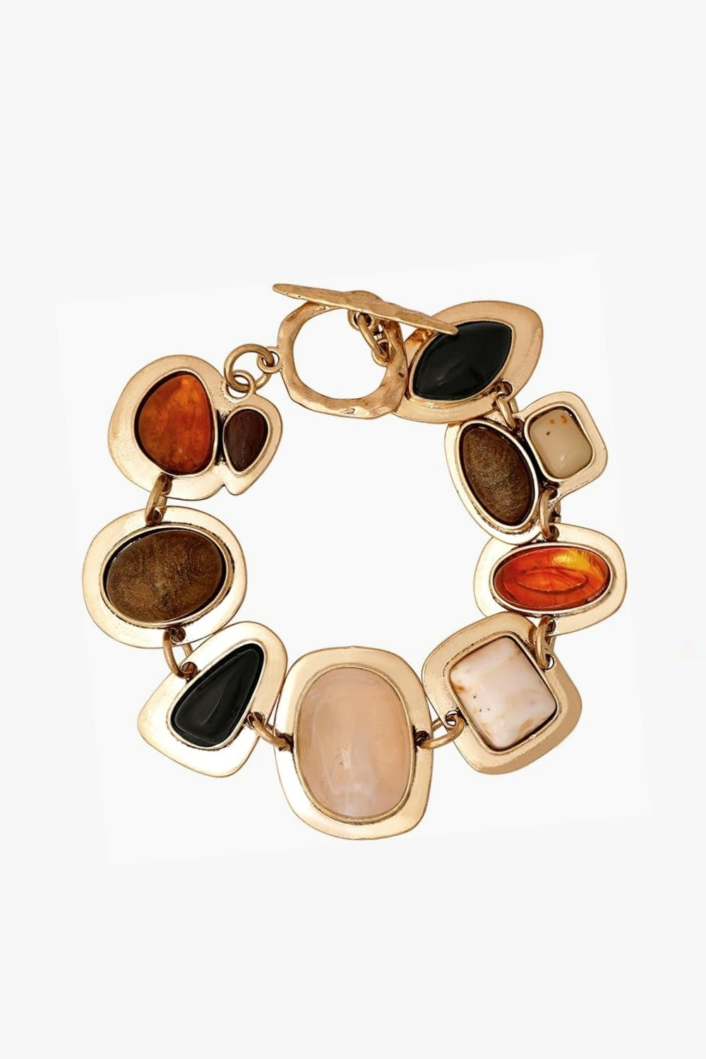 Yellow gold bracelet with multicolored stones orange, brown, black, cream, and tan, on a white background. Boho style.