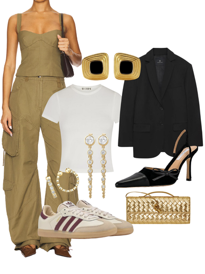 Collage of fashion items including a jumpsuit, sneakers, blazer, and accessories on a white background. Up My Alley styleboard.