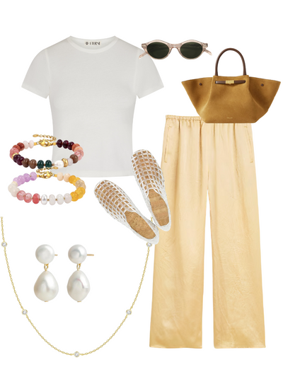White t-shirt, beige pants, sunglasses, handbag, jewelry, and earrings on a white background