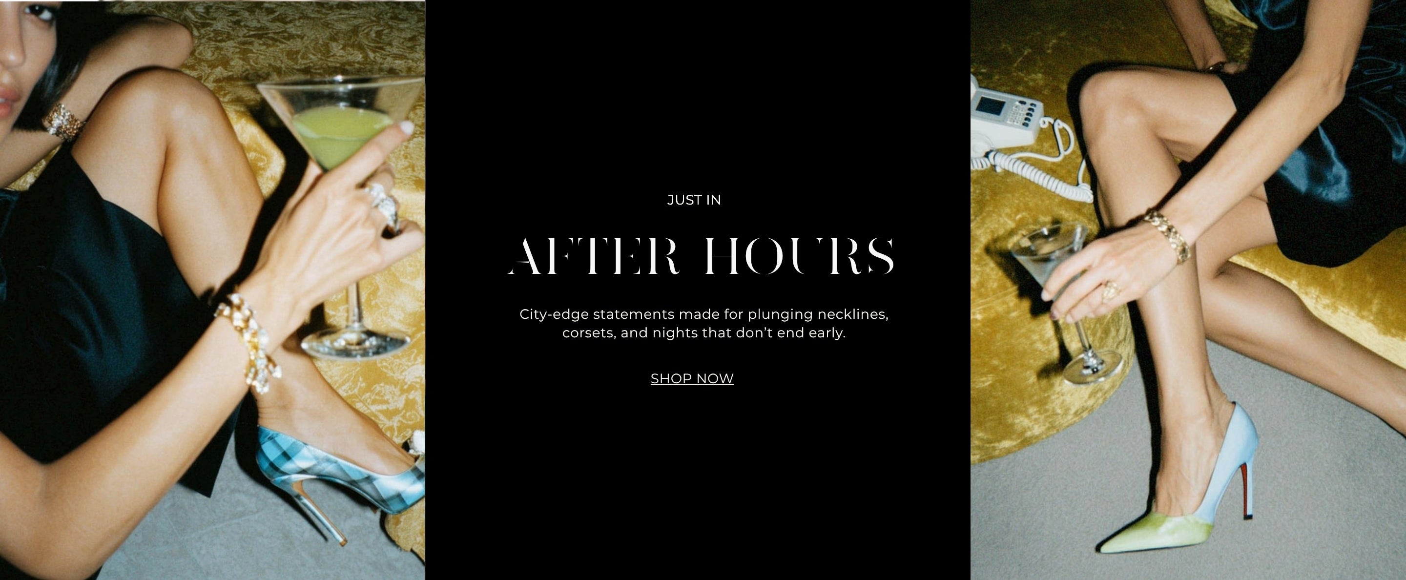 Promotional image for 'After Hours' Collection with model in evening wear, Up My Alley Jewelry, and high heels.