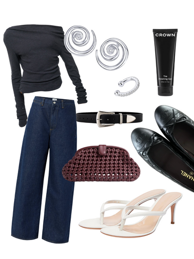 Collection of fashion items including a black top, blue jeans, shoes, and accessories on a white background. Styled Up Your Alley.