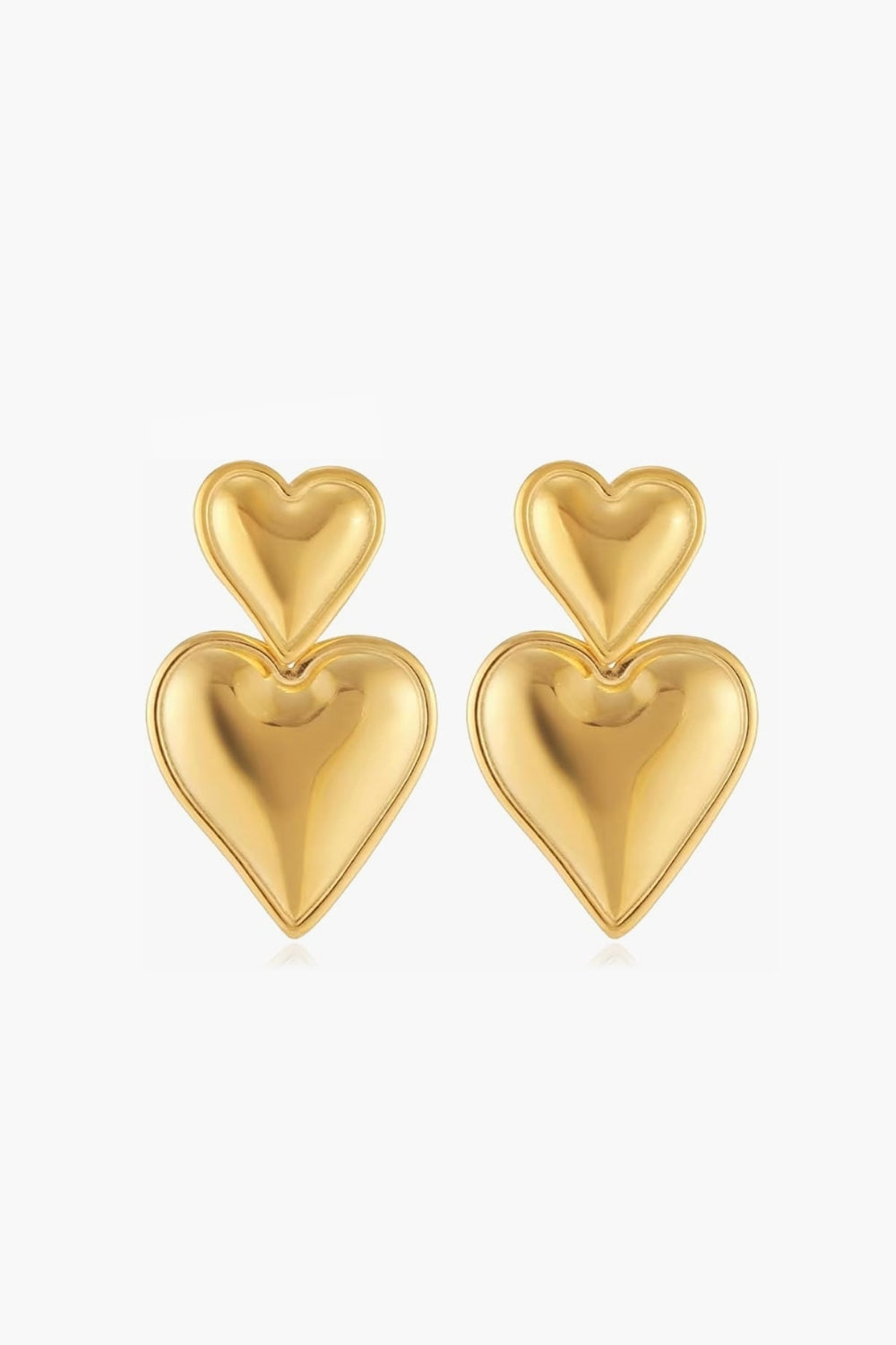 Yellow gold double heart-shaped drop earrings on a white background