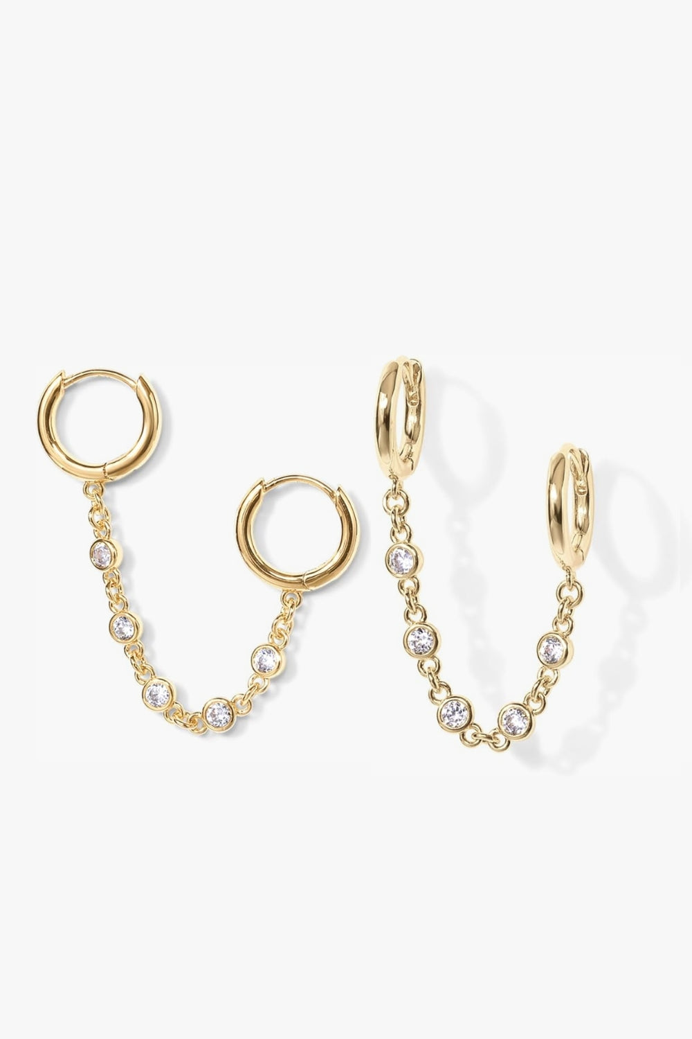 Alexa yellow gold double huggie earrings with bezel stone chain.