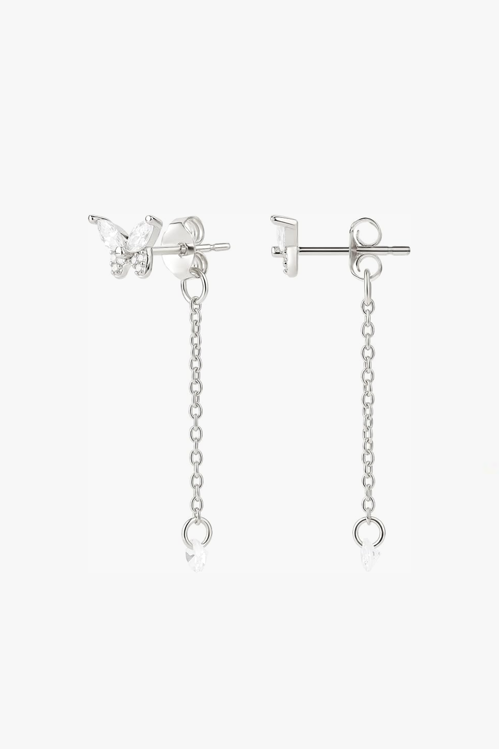 Alice white gold butterfly drop earrings with bezel set stones.