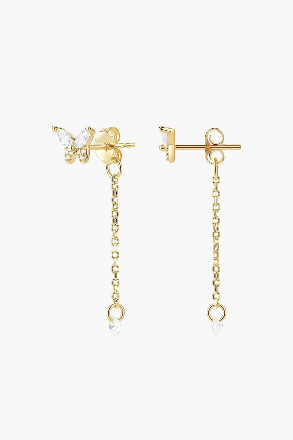 Alice yellow gold butterfly drop earrings with bezel set stones.