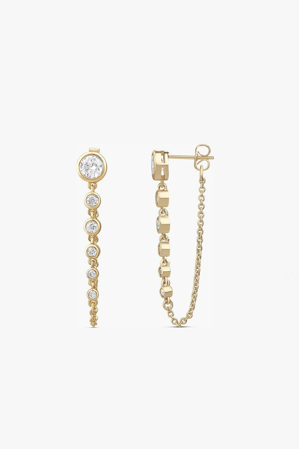 Ari yellow gold drop earrings with bezel-set stones, chain-back closure, and 1.5-inch length.