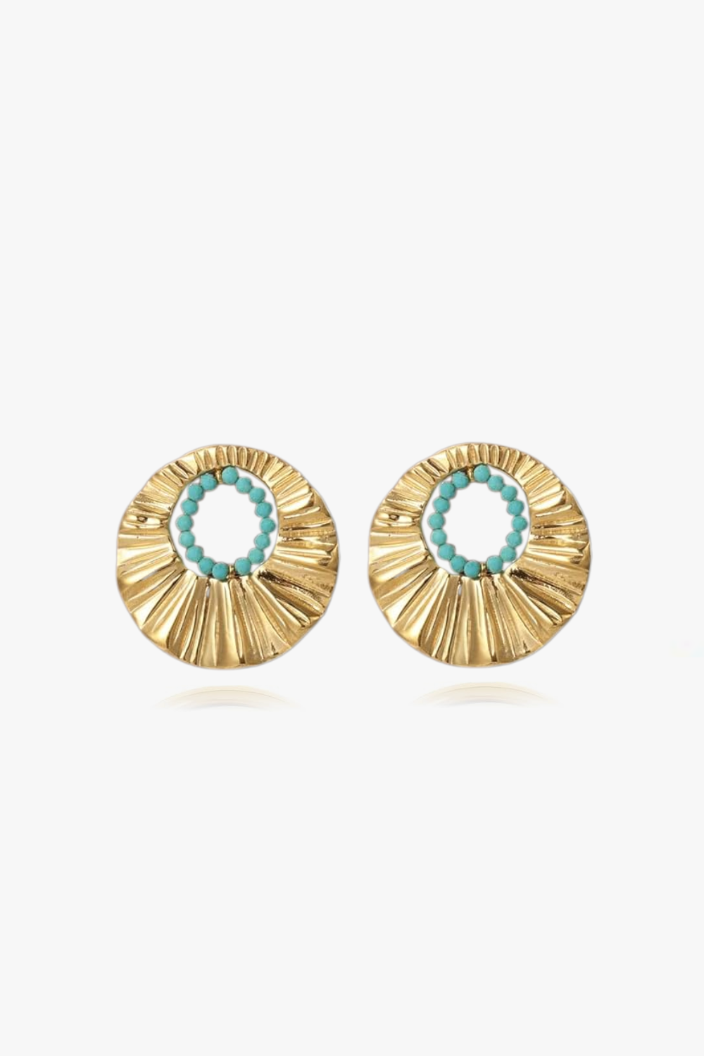 Arielle Earrings – 14k yellow gold-plated pleated disc earrings with turquoise bead center, on white background.