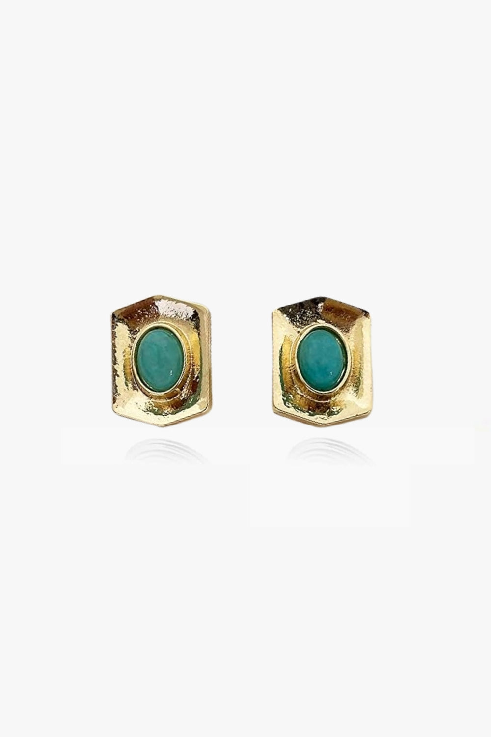 Astra Earrings – 14k yellow gold-plated hexagon-shaped earrings with polished turquoise cabochon center, on white background.