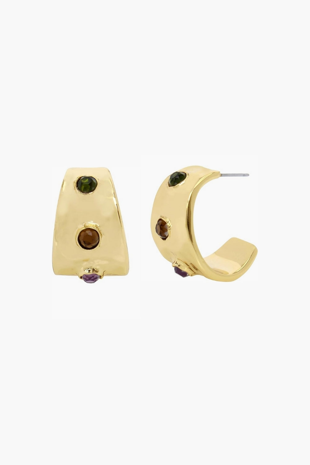 Yellow gold open hoop earrings with green, orange and purple gem stones on a white background.