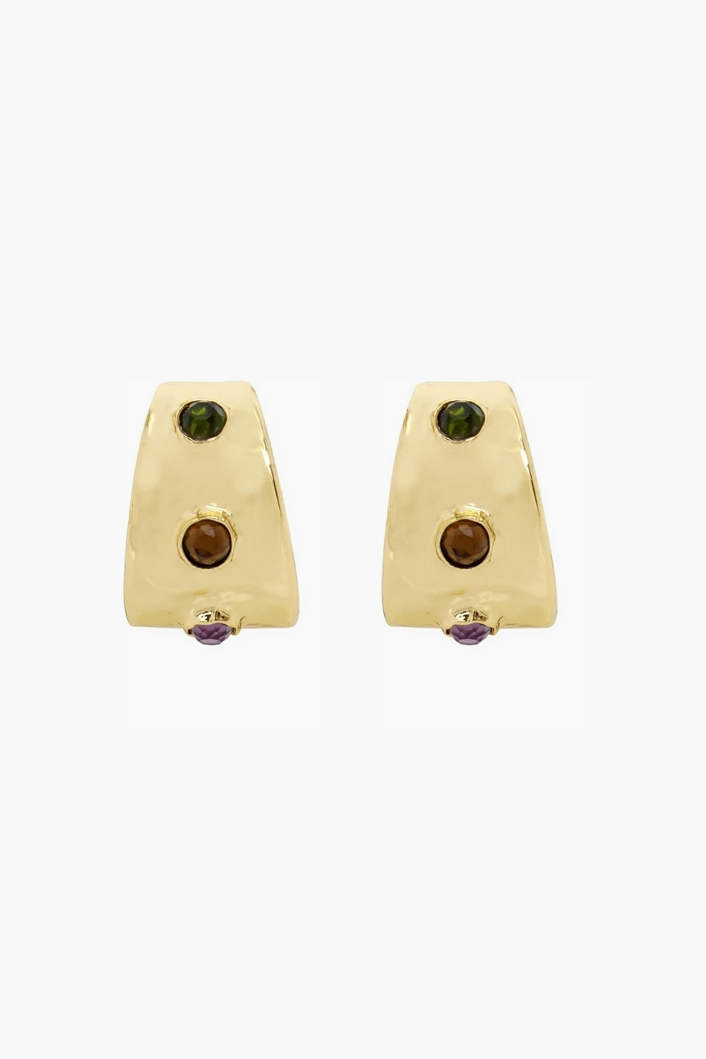 Yellow gold open hoop earrings with green, brown and purple gemstones on a white background.