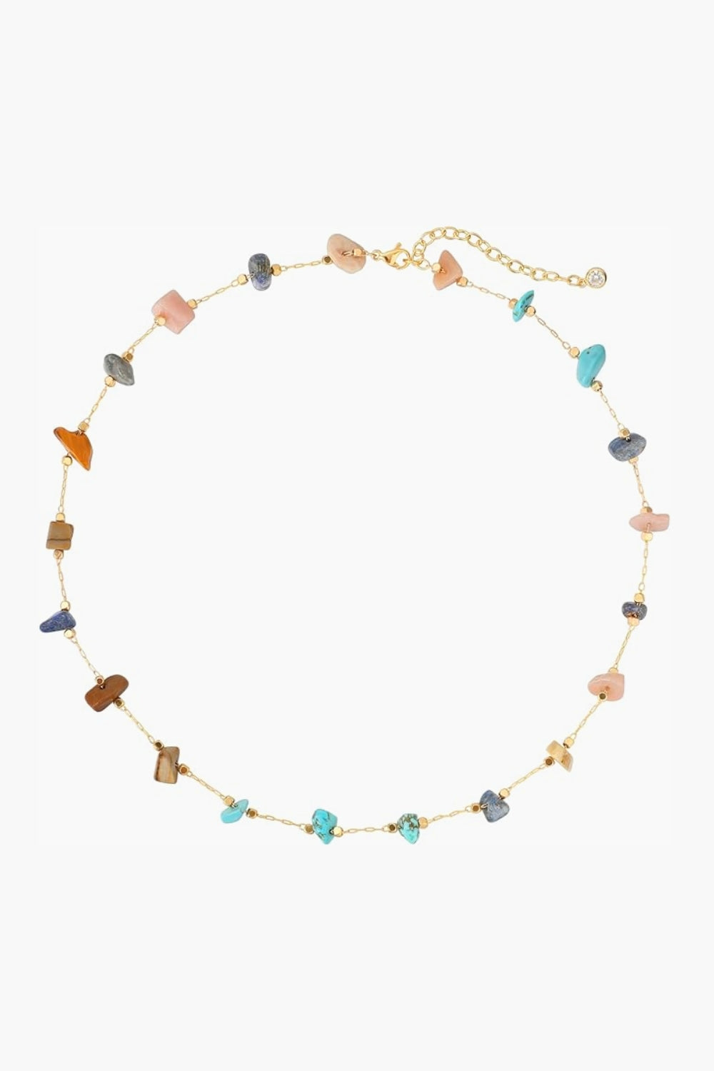 Aurora Necklace – 14k gold-plated collarbone-length necklace with multicolored turquoise, coral, honey, and lilac natural stone chips, on white background.