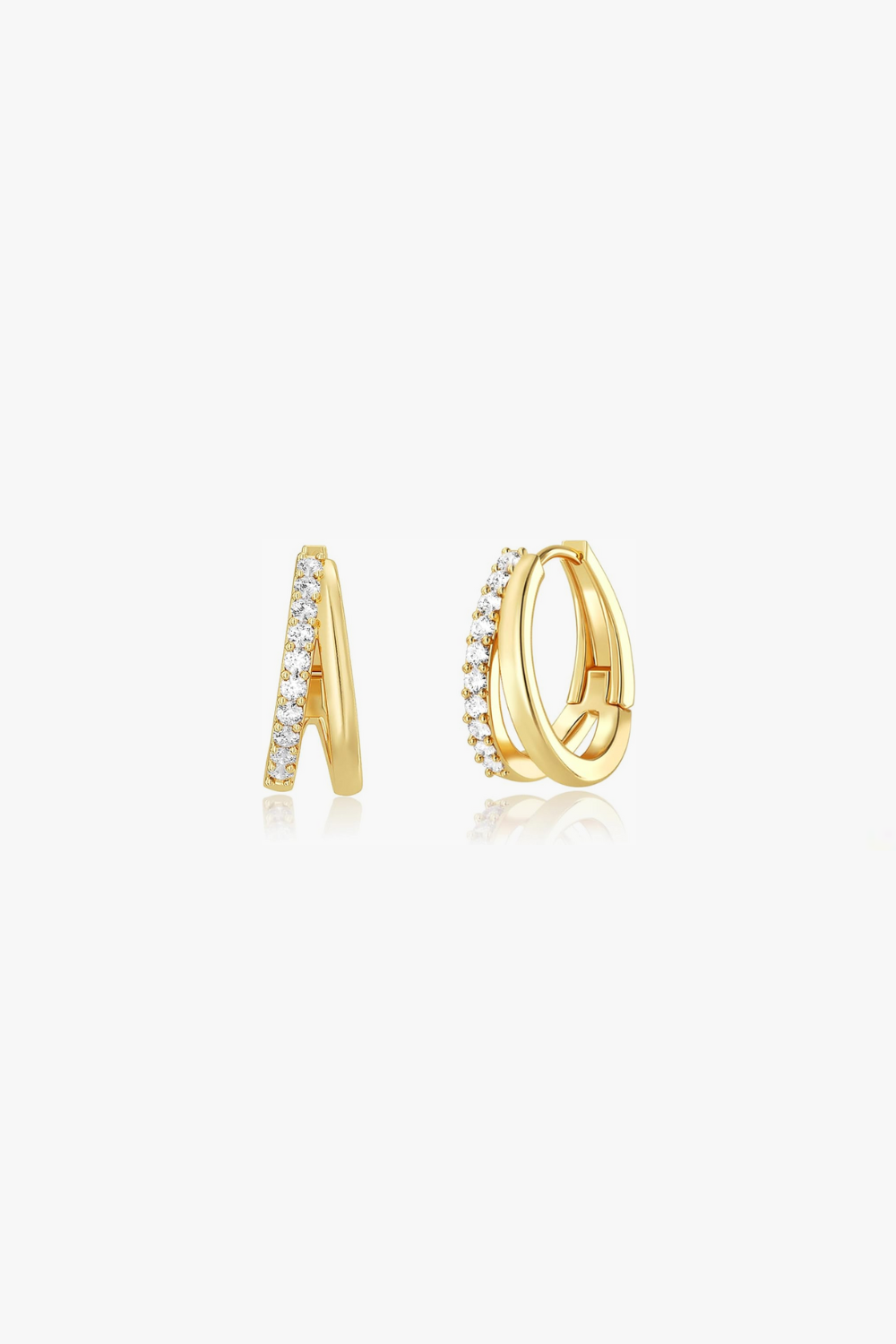 Ava yellow gold pavé huggie earrings with sharp lines and double hoop design.