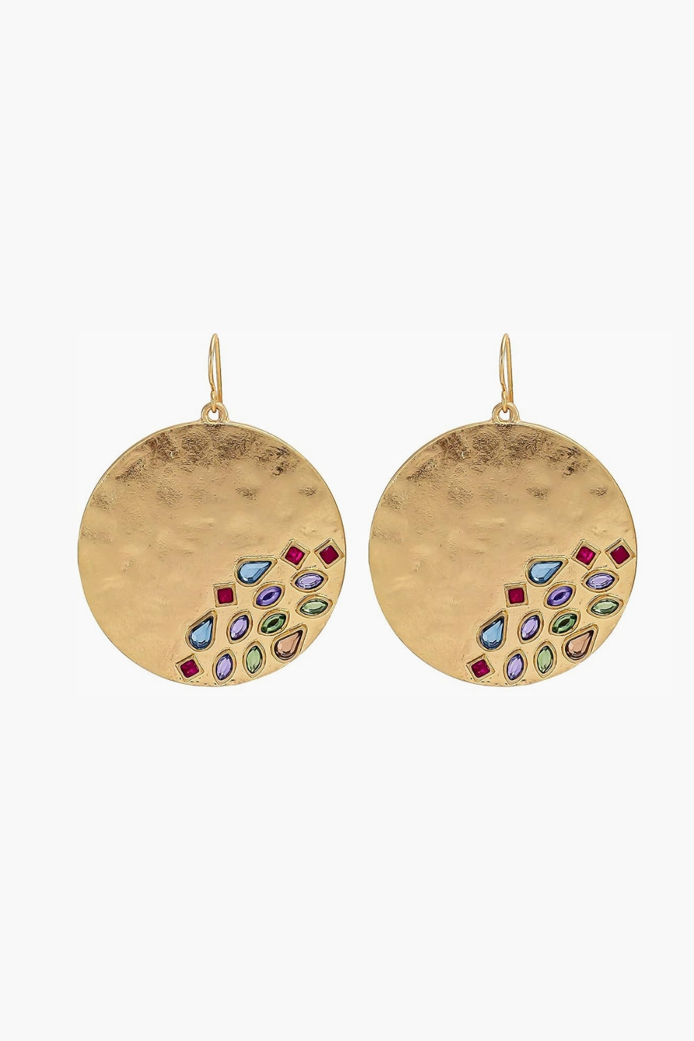 Yellow gold round drop earrings with colorful gemstones on a white background