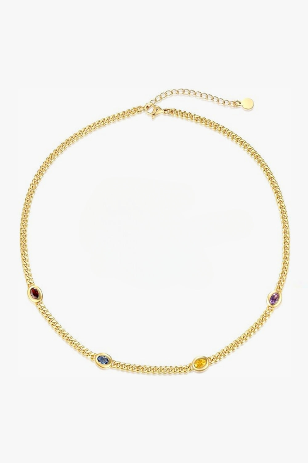 Gold necklace with multicolor embedded oval gemstones on a white background