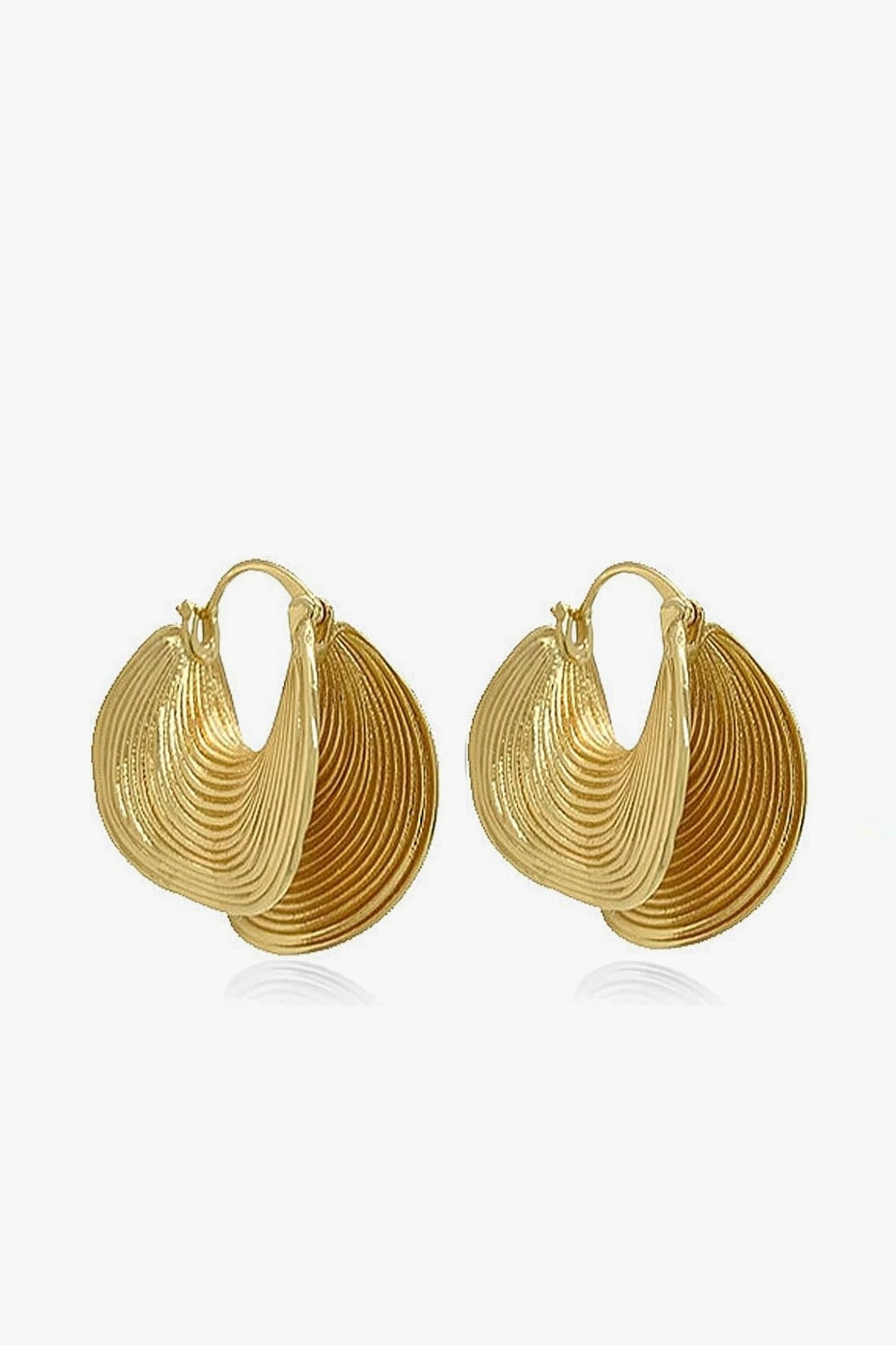 Elara Earrings – 14k yellow gold-plated textured fan-shaped earrings, on white background.