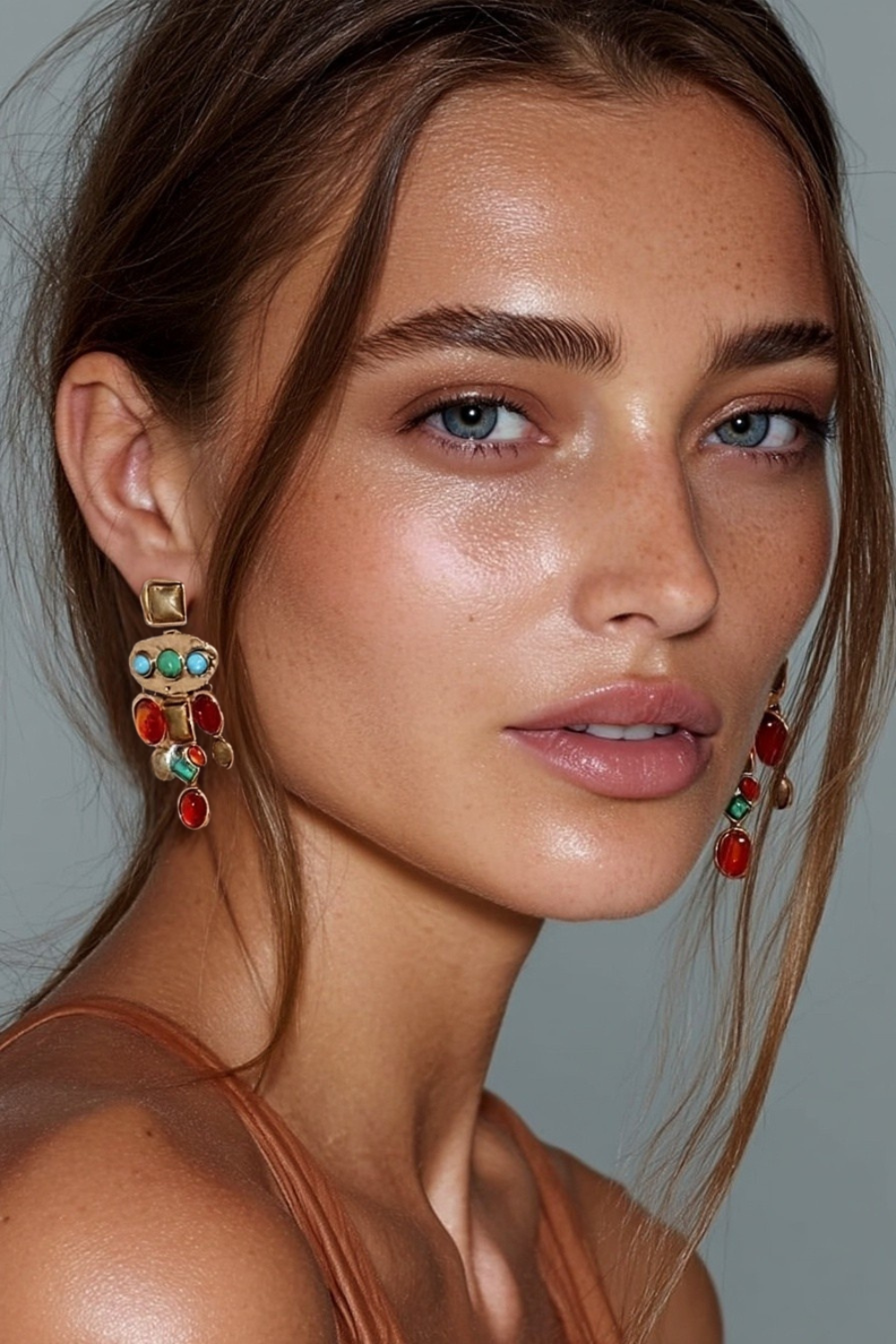 Model wearing the Esme Earrings – gold-plated statement drop earrings with square and round multi-colored gemstones in turquoise, coral, and amber tones.