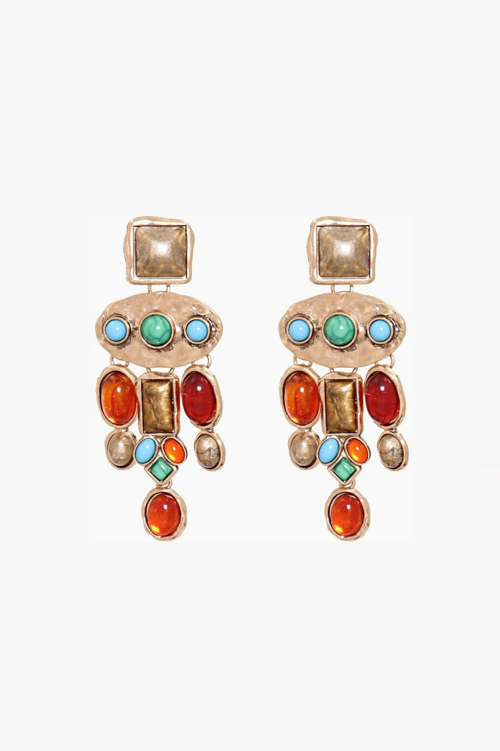 Esme Earrings – bold 14k gold-plated statement drop earrings with hand-set turquoise, honey amber, garnet red, and jade green stones in a sculptural silhouette, on white background.