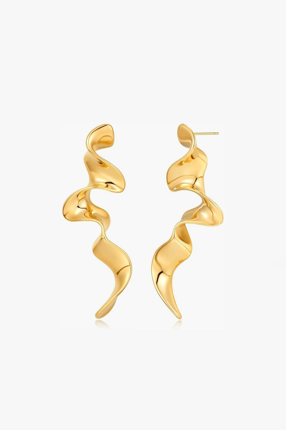 Yellow gold spiral drop earrings on a white background, abstract design.