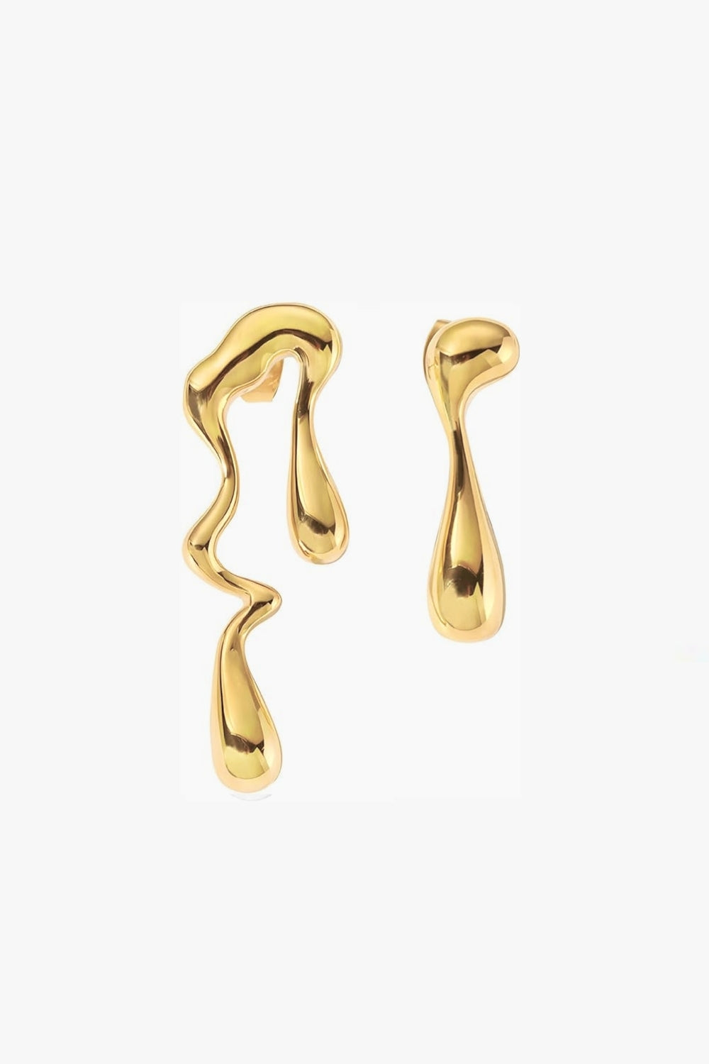 yellow gold abstract mismatched long earrings on white background, irregular shape.