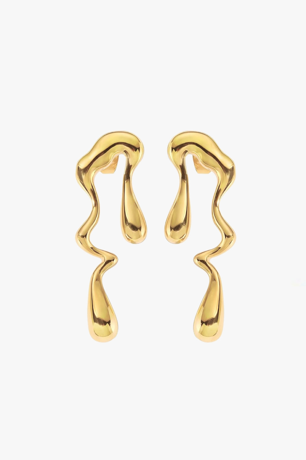 Abstract, irregular shaped long drop yellow gold earrings on white background.