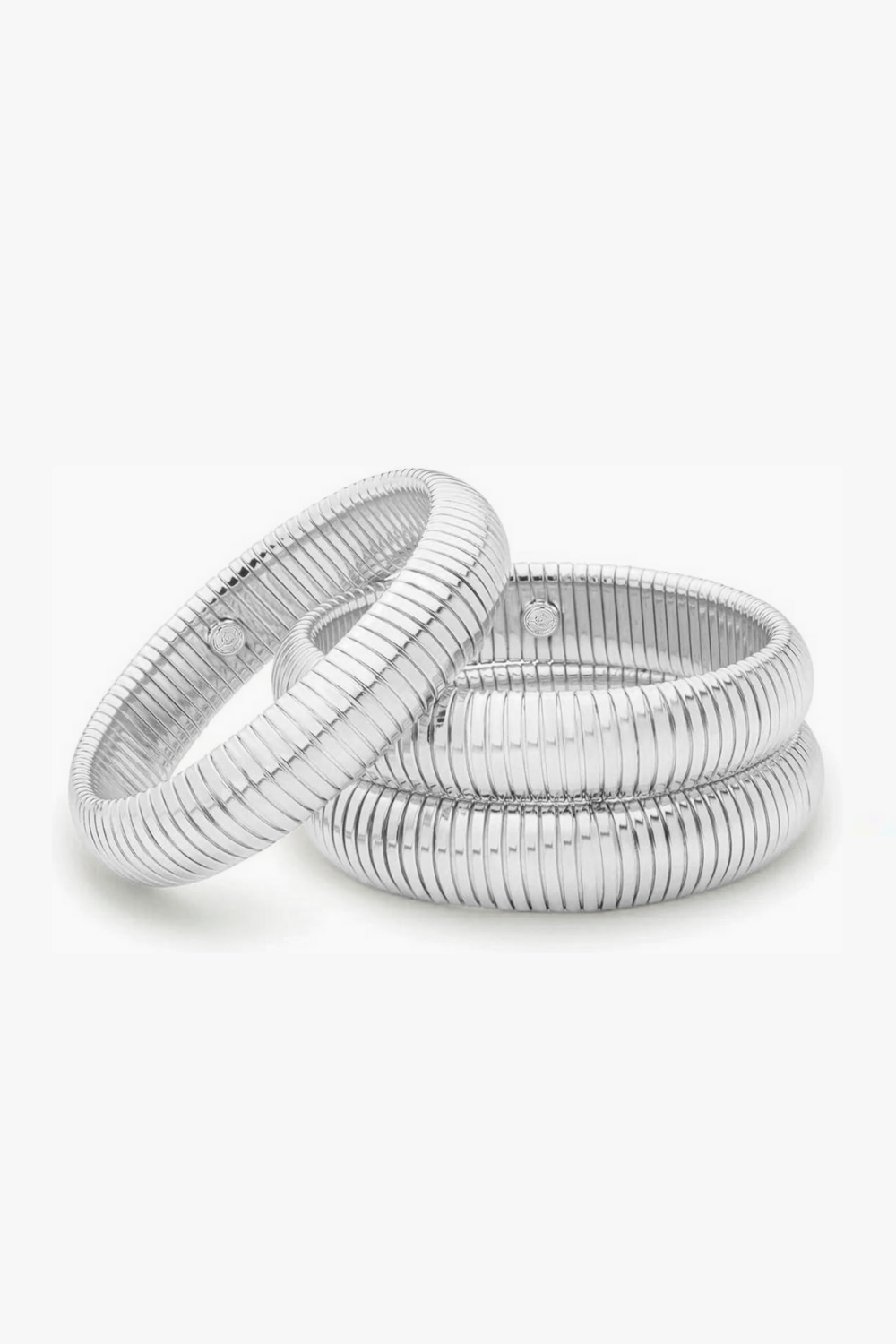 Juliette Classic Bracelet in yellow gold stretch bangle with ridged texture, 12mm wide slip-on design on white background