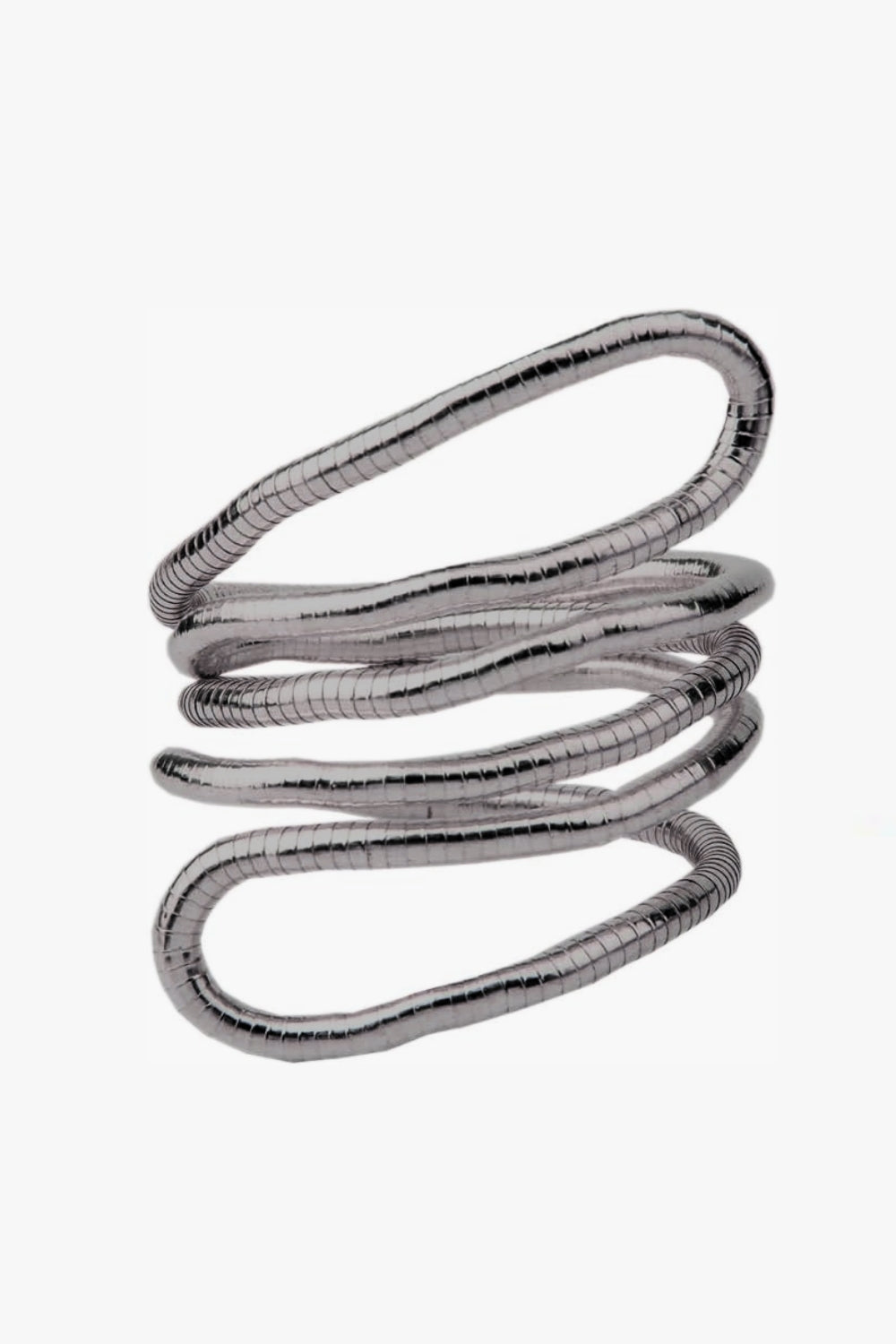 Gunmetal adjustable spiral necklace and bracelet on white background.